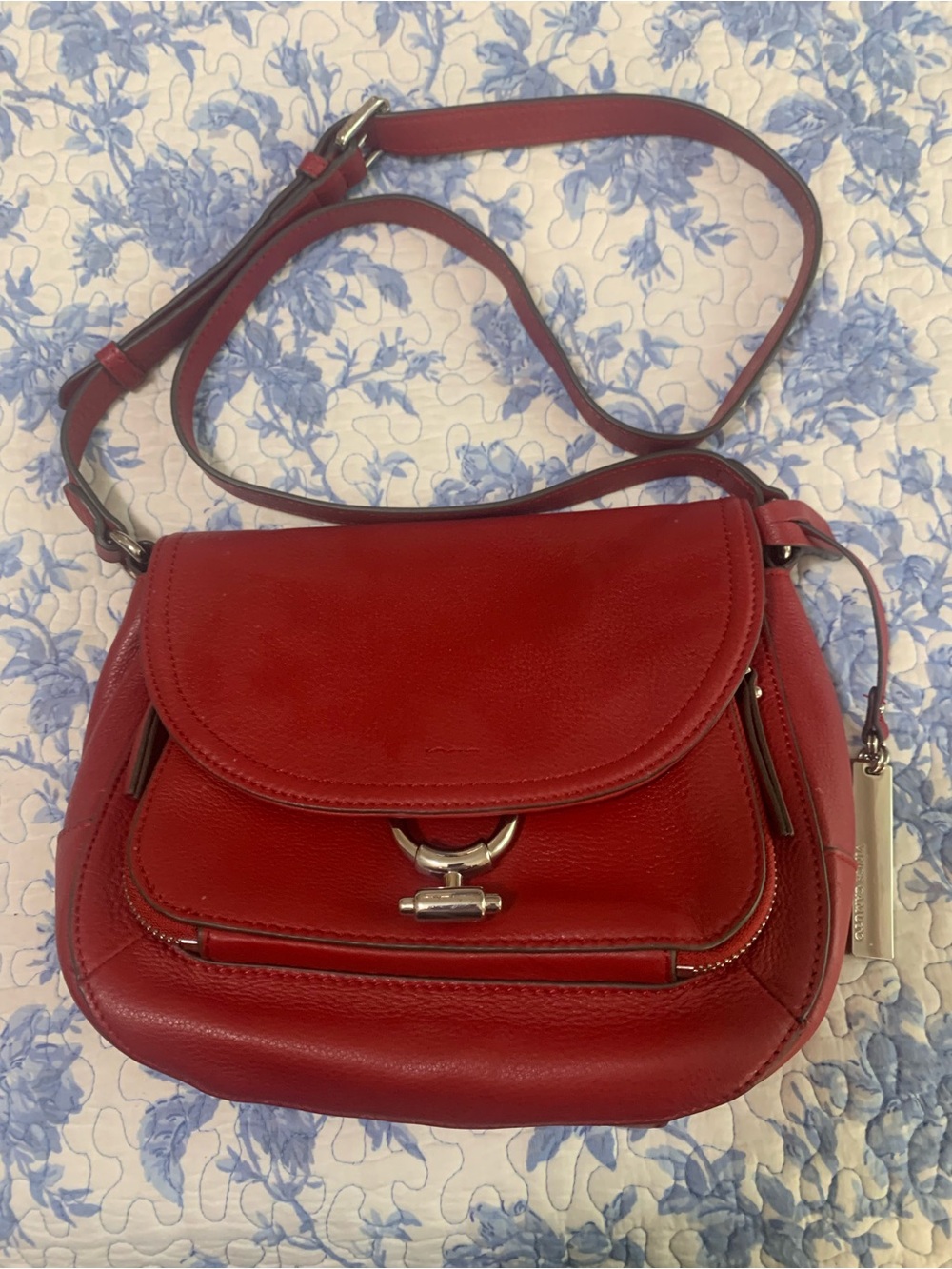Tignanello Red Pebbled Leather Crossbody Bag with Silver Hardware
